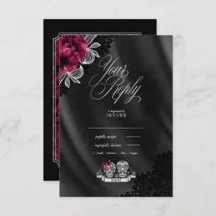 Skulls Gothic Wedding Burgundy ID866 RSVP Karte