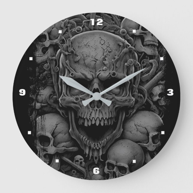 Skulls Gray Black Beängstigend Biker Gothic Hallow Große Wanduhr (Vorderseite)