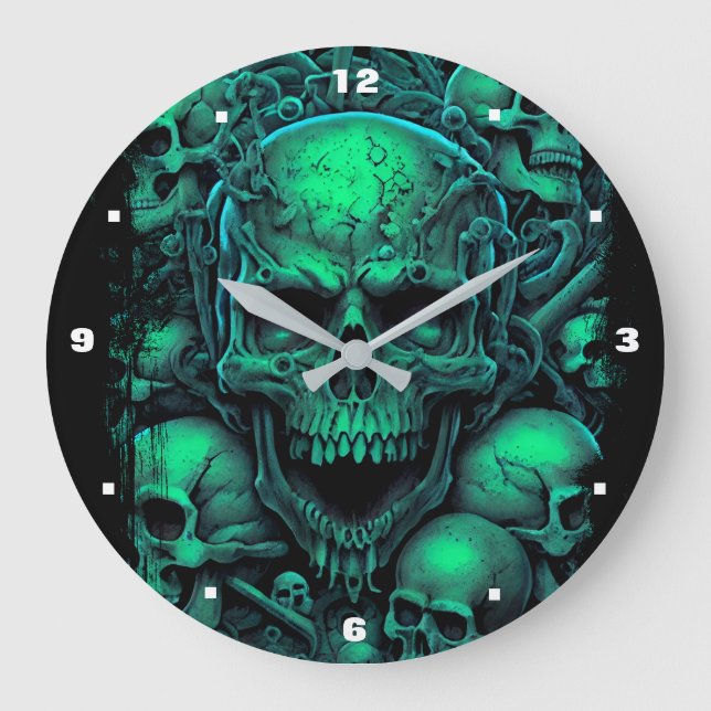 Skulls Green Black Beängstigend Biker Gothic Hallo Große Wanduhr (Vorderseite)