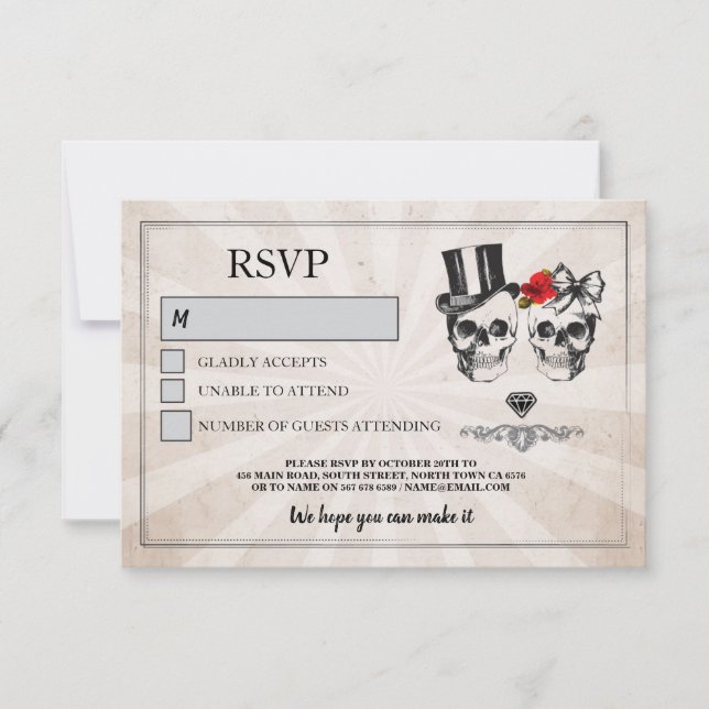 Skulls Hochzeit RSVP Skull Rose Rustikale Karten (Vorderseite)
