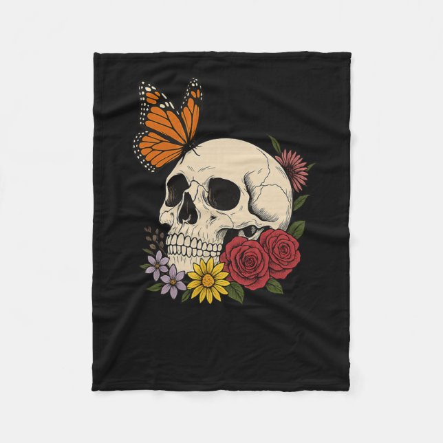 Skulls Monarch Butterfly Flowers Halloween Men Wom Fleecedecke (Vorderseite)