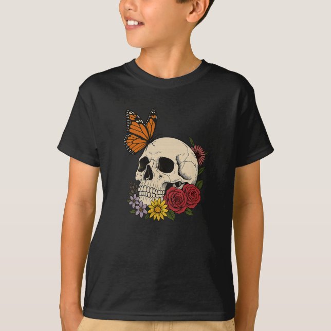 Skulls Monarch Butterfly Flowers Halloween Men Wom T-Shirt (Vorderseite)
