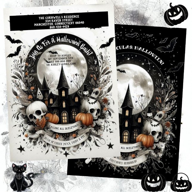 Skulls Pumpkin Spuk House Halloween Bash Gothic Einladung (Skulls Pumpkin Haunted House Halloween Bash Gothic Invitation)