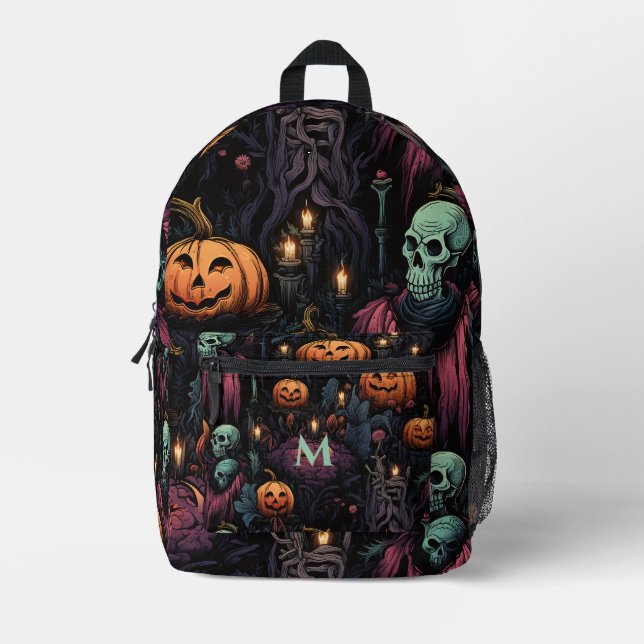 Skulls Pumpkins Black Gothic Bedruckter Rucksack (Vorderseite)