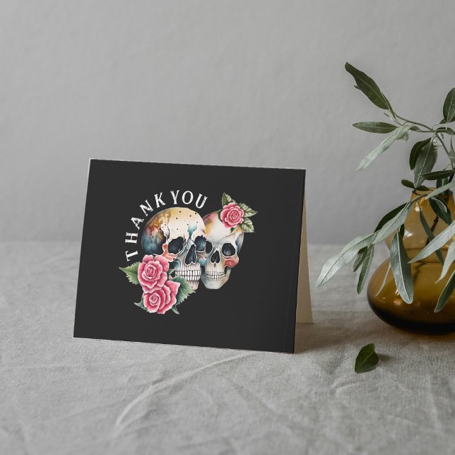 Skulls & Rose Black Wedding Dankeskarte (Skulls & Roses Black Wedding Thank You Card
)