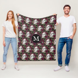 Skulls Rose Burgundy Black Mit Monogramm Fleecedecke