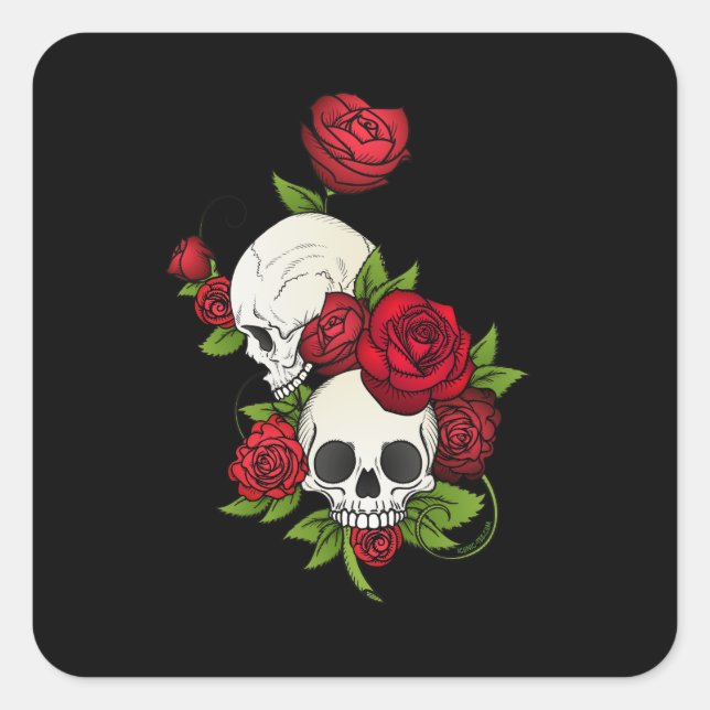 Skulls Rose Día de Muertos Quadratischer Aufkleber (Vorderseite)