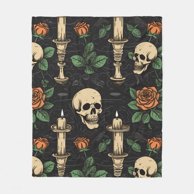 Skulls Rose und Candles Fleece Blanken (Vorderseite)