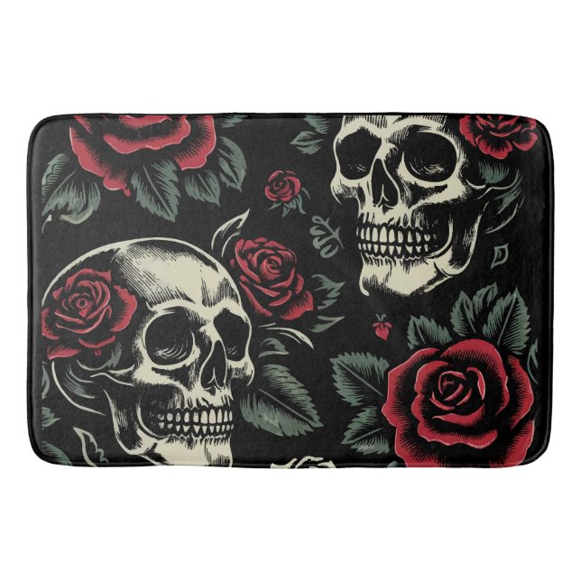 Skulls & Rote Rosen Gothic Floral Badematte (Vorderseite)