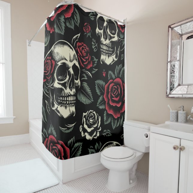 Skulls & Rote Rosen Gothic Floral Duschvorhang (Beispiel)