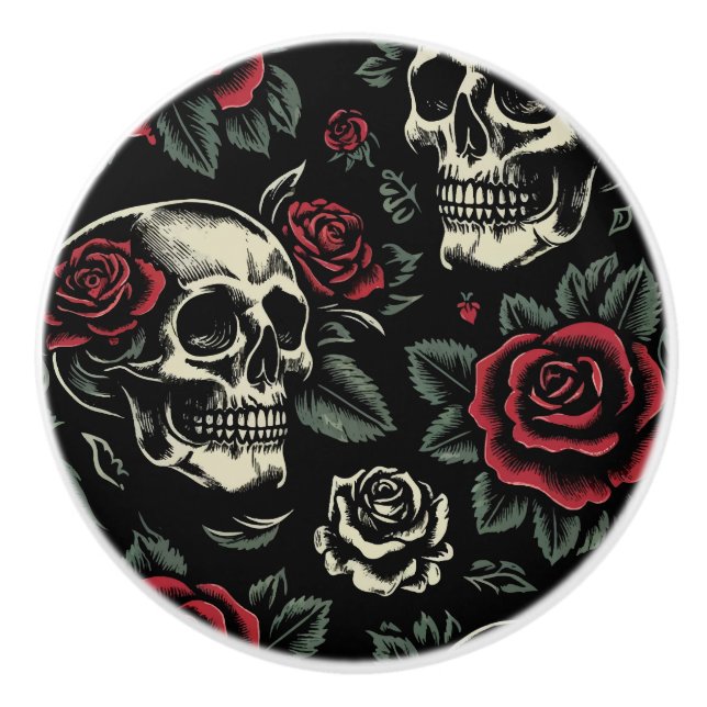 Skulls & Rote Rosen Gothic Floral Keramikknauf (Vorderseite)