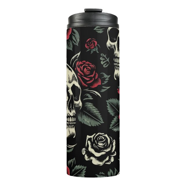 Skulls & Rote Rosen Gothic Floral Thermosbecher (Vorderseite)