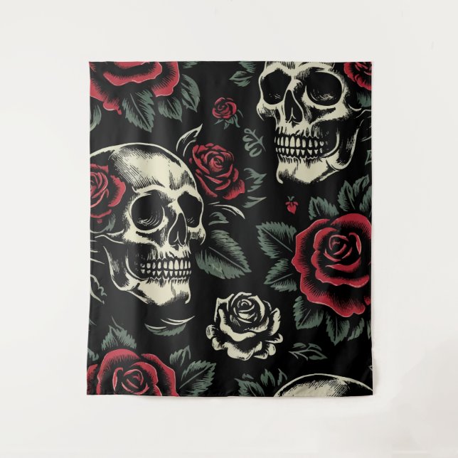 Skulls & Rote Rosen Gothic Floral Wandteppich (Vorderseite)