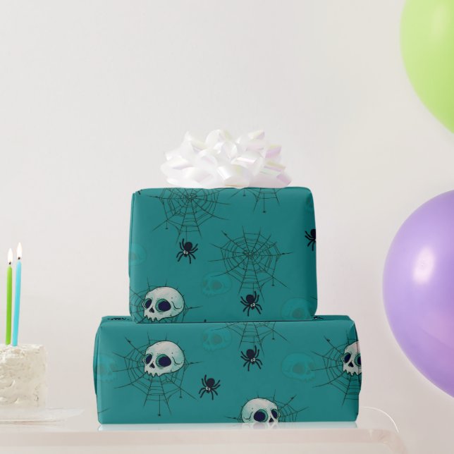 Skulls Spiders Spiderwebs Green Halloween Geschenkpapier (Partygeschenke)