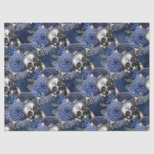 Skulls und Blaue Rose auf blauem Dekoupage Seidenpapier (Vorderseite)