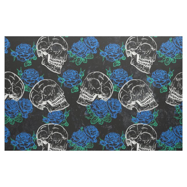 Skulls und blaue Rose | Cool Funky Dark Grunge Stoff (Yard (91,4 cm))