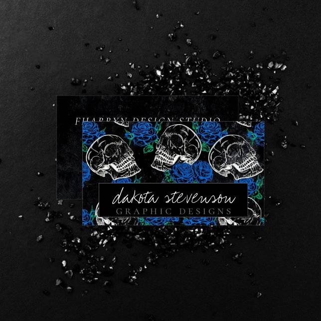 Skulls und blaue Rose | Cooles Funky Dark Branding Visitenkarte (Von Creator hochgeladen)