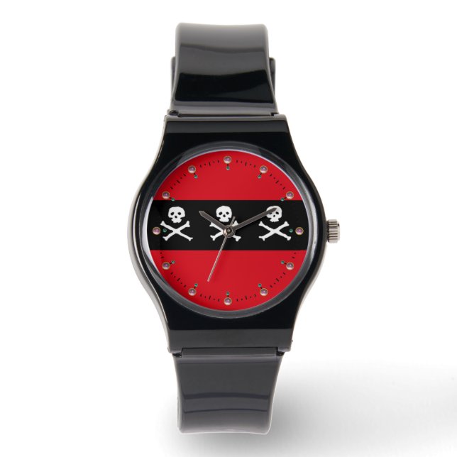 SKULLS UND KREUZELN ROTE SCHWARZE PIRATFLAGE ARMBANDUHR (Vorderseite)