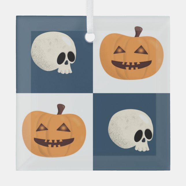 Skulls und Pumpkins Karos Ornament Aus Glas (Vorderseite)
