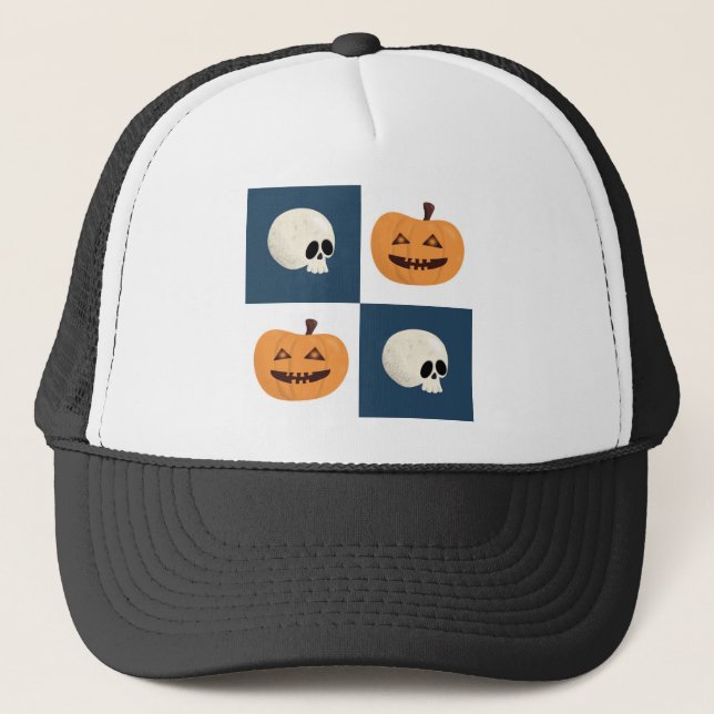 Skulls und Pumpkins Karos Truckerkappe (Vorderseite)