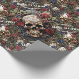 Skulls und Rose Blauer Blumengotik Halloween Geschenkpapier