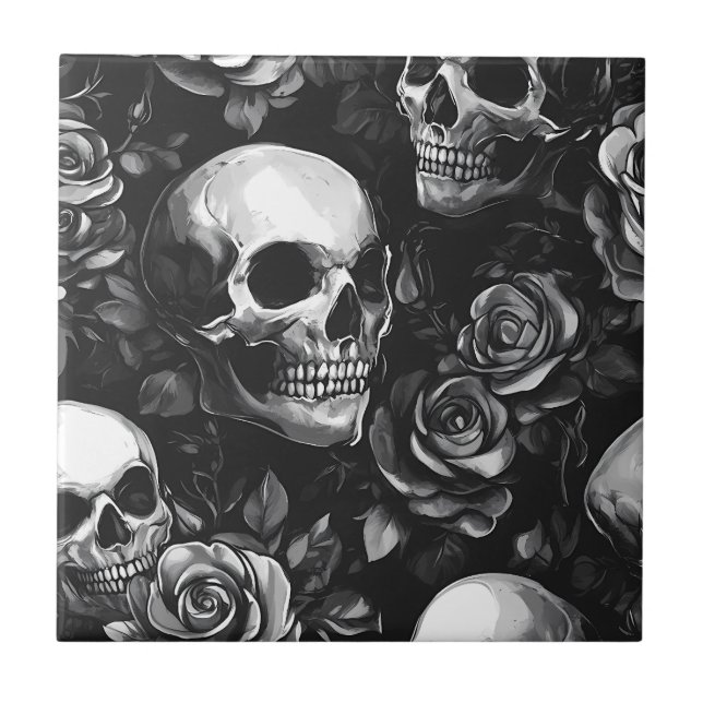 Skulls und Rose schwarz-gotisch Fliese (Vorderseite)