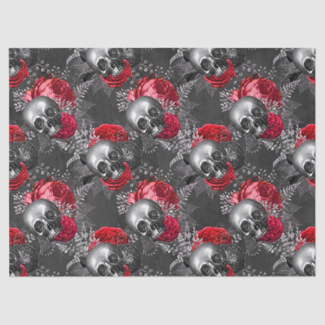 Skulls und Rote Blume auf Grau-Decoupage Seidenpapier (Vorderseite)