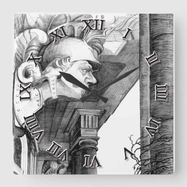 Skulptur   Burg  Quadratische Wanduhr (Vorderseite)