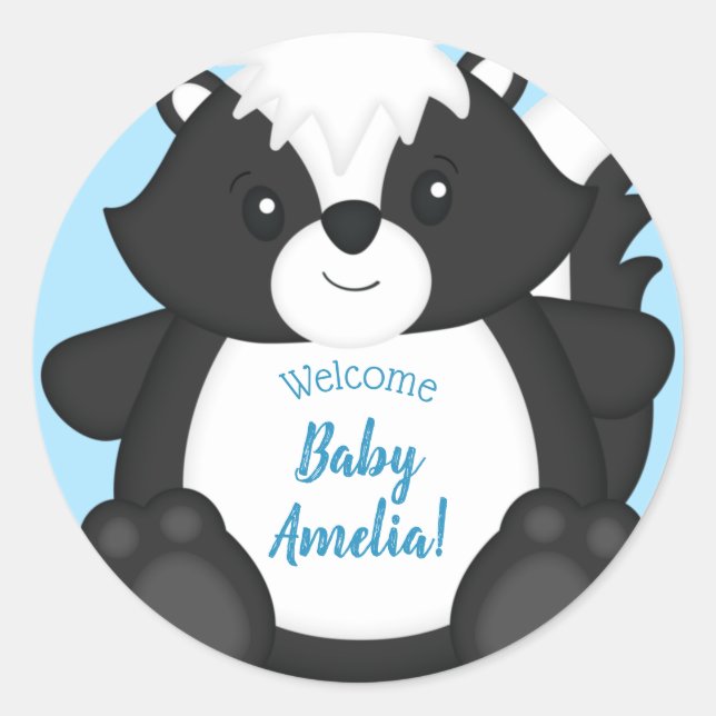 Skunk Baby Shower Blue Runder Aufkleber (Vorderseite)