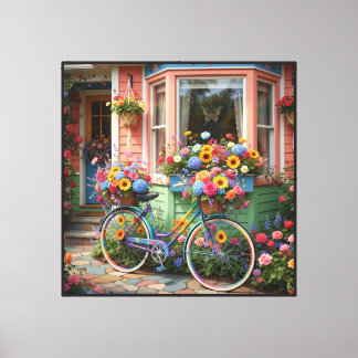 Skurriger Cottagegarten mit floralem Fahrrad Leinwanddruck