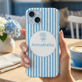 Skurril Blau Weiß Streifen Preppy Monogramm iPhone 15 Hülle