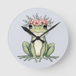 Skurril-blumiger Frosch Cottagecore-Kunst Runde Wanduhr