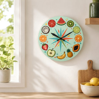 Skurril gezeichnetes Zifferblatt mit Obst und Gemü Große Wanduhr