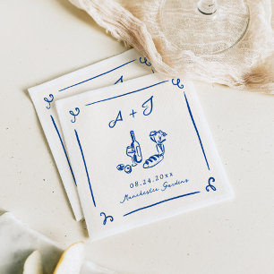 Skurril Handgezeichnete Navy Food & Wein Hochzeit Serviette