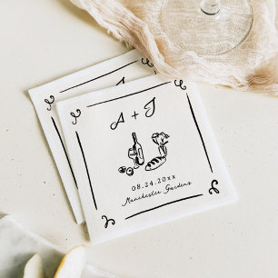 Skurril Handgezeichnete Navy Food & Wein Hochzeit Serviette