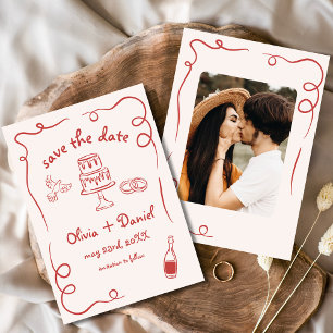 Skurril Handgezeichnetes rotes Hochzeitsfoto Save The Date