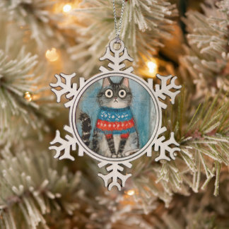 Skurril hässlicher Weihnachtspullover Katze Schneeflocken Zinn-Ornament
