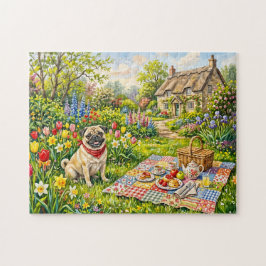 Skurril illustrierte Pug im Cottage-Garten-Picknic Puzzle