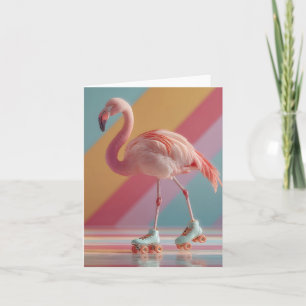 Skurril rosa Flamingo auf Rollschuhen Feiertagskarte