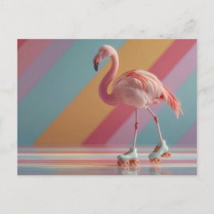 Skurril rosa Flamingo auf Rollschuhen Feiertagspostkarte