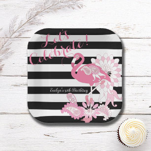 Skurril Rosa Flamingo Schwarz-Weiß-Gestreift Pappteller