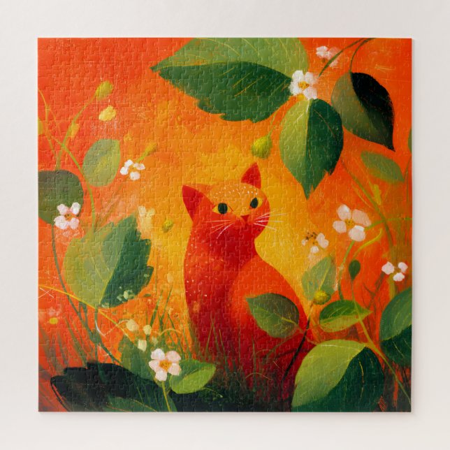 Skurril Roter Katz Blumen Garten Puzzle (Vertikal)