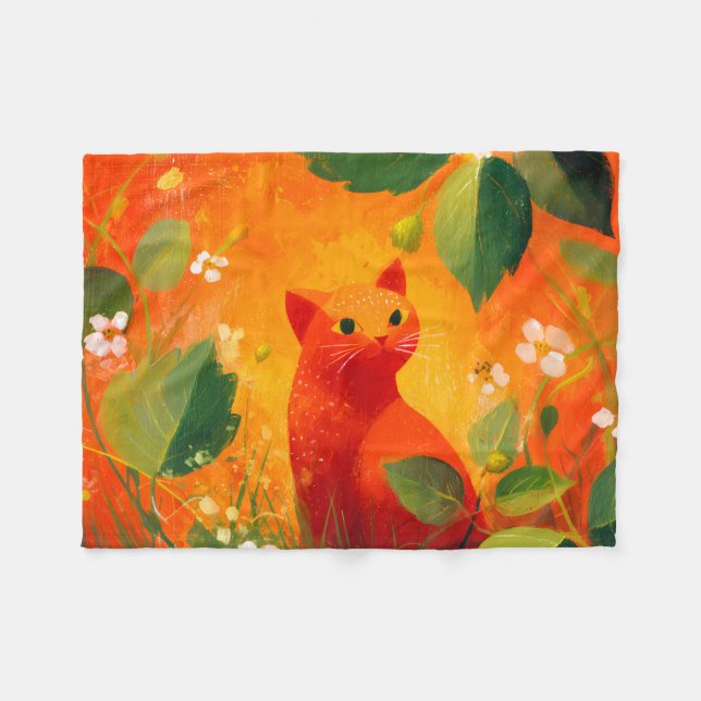 Skurril Roter Katz Wildblumengarten Fleecedecke (Vorderseite (Horizontal))