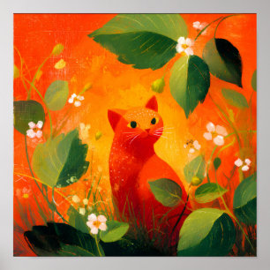 Skurril Roter Katz Wildblumengarten Poster