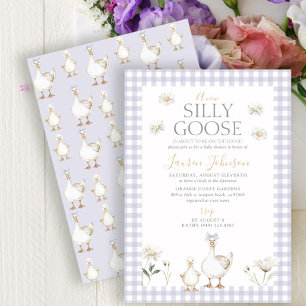 Skurril-silberner Gänse-Purple-Gingham-Baby-Shower Einladung
