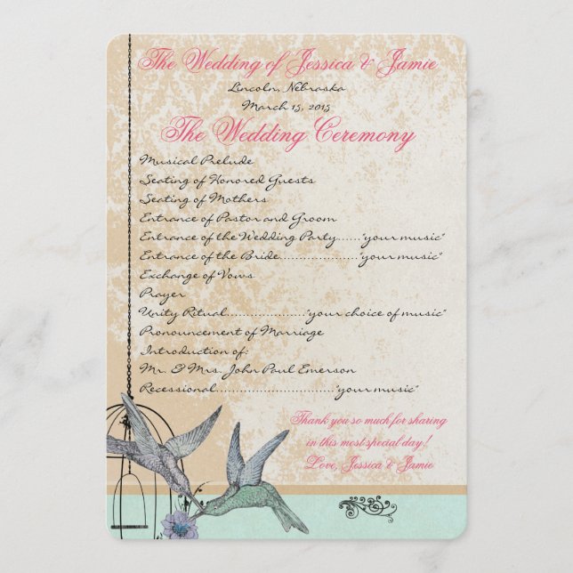 Skurril Vintage-Vogelkäfig-Hochzeitsprogramm Programm (Vorderseite)