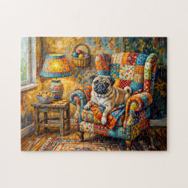Skurrile Cottage-Mops-Hund-Sessel-Illustration Puzzle