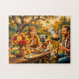 Skurrile Familien-BBQ-Terrassen-Mops-Illustration Puzzle
