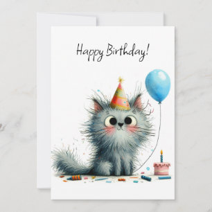 Skurrile graue Katzen-Partyhut-Ballon-Geburtstags- Karte