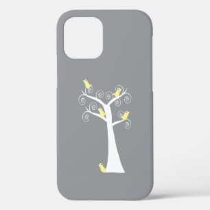 Skurrile graue und gelbe Vögel im krummen Baum iPhone 12 Pro Hülle